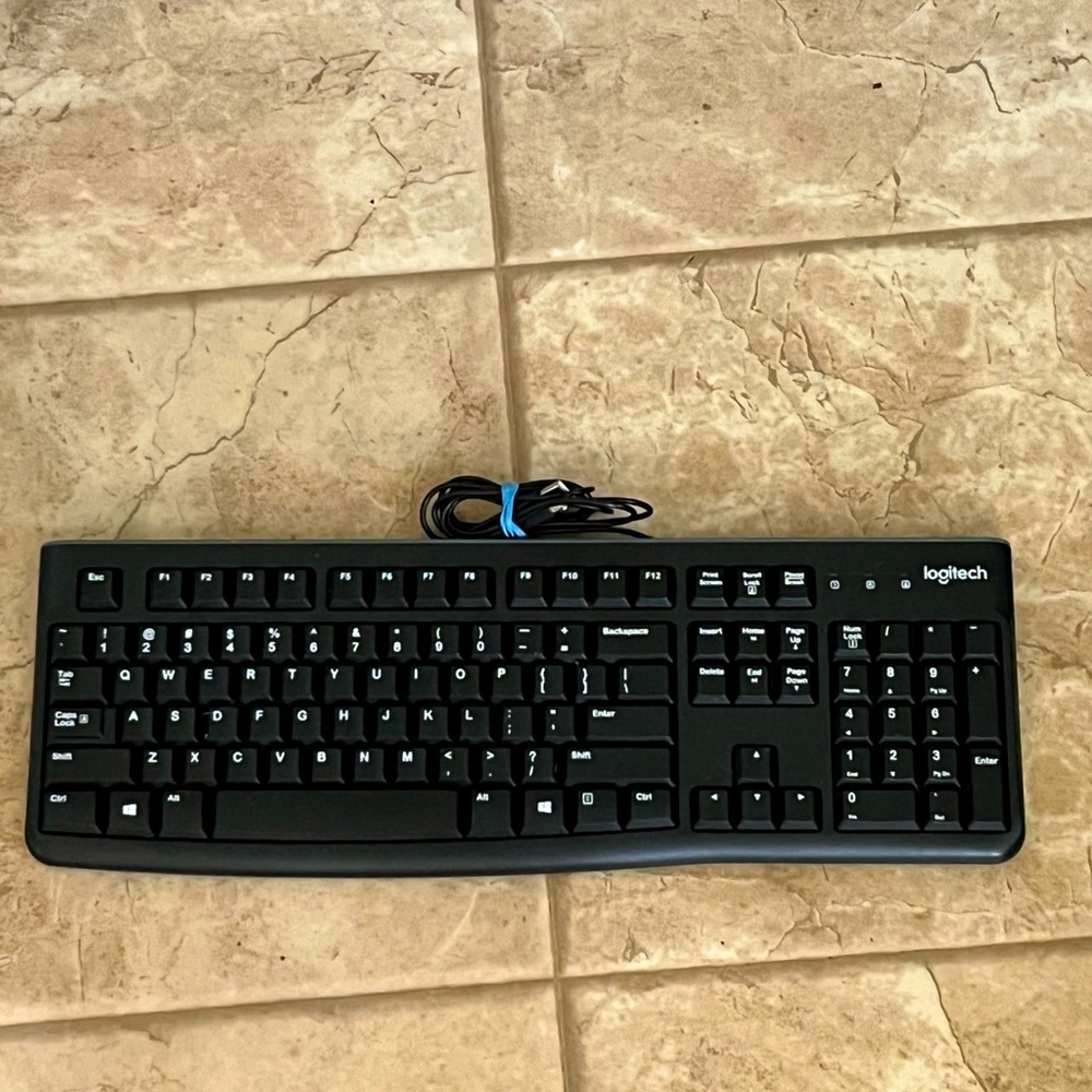 black keyboard, not very loud, decently long wire.